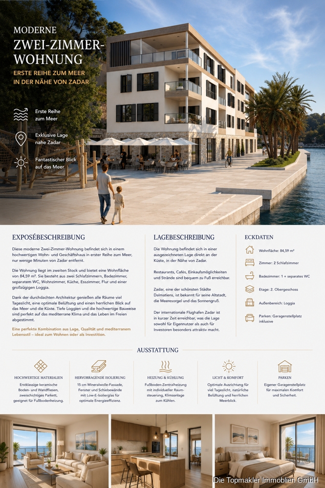 Moderne Zwei-Zimmer-Wohnung in erster Reihe zum Meer nahe Zadar - Bild (85074)