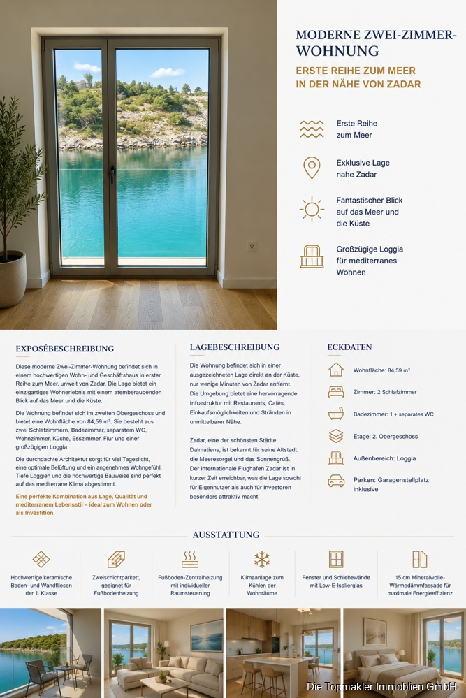 Moderne Zwei-Zimmer-Wohnung in erster Reihe zum Meer nahe Zadar - Bild (85075)