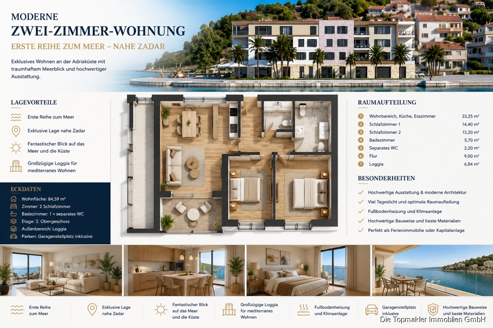 Moderne Zwei-Zimmer-Wohnung in erster Reihe zum Meer nahe Zadar - Bild (85073)