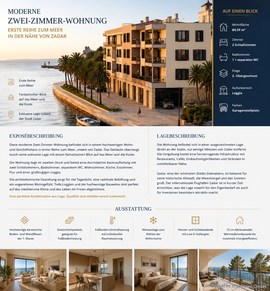 Moderne Zwei-Zimmer-Wohnung in erster Reihe zum Meer nahe Zadar - Titelbild (85071)