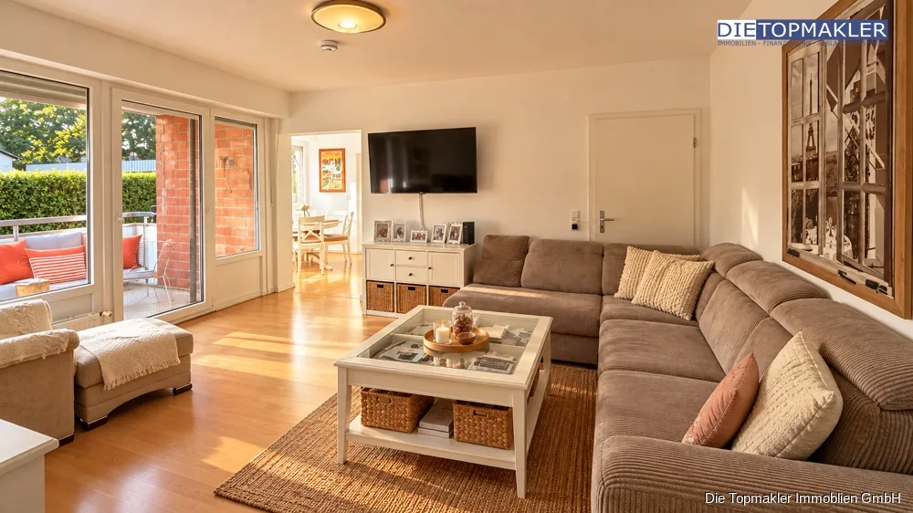 Lichtdurchflutete 4-Zimmer-Erdgeschosswohnung mit eigenem Garten, Balkon & Tiefgarage - Wohnzimmer (87018)